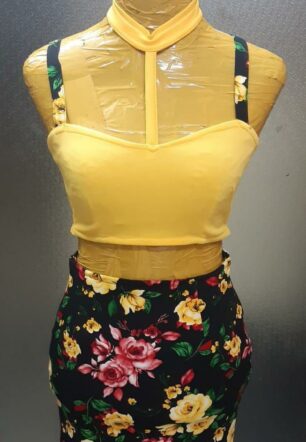 Yellow Halter Crop Top and Floral Skirt Set