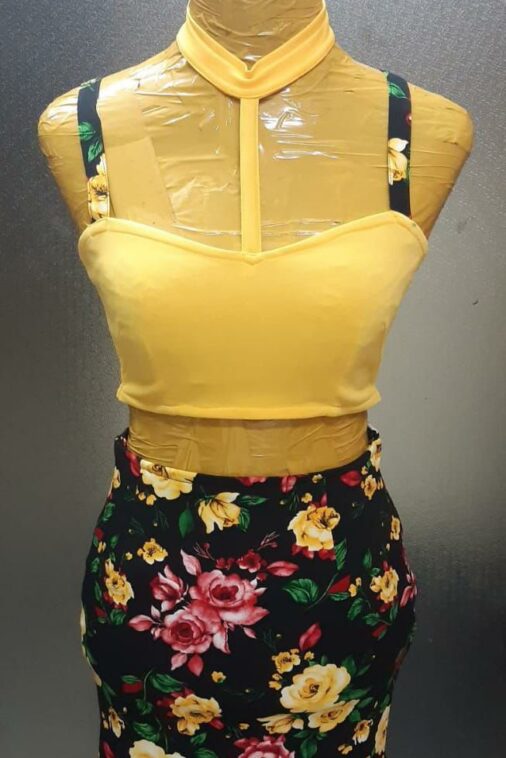 Yellow Halter Crop Top and Floral Skirt Set