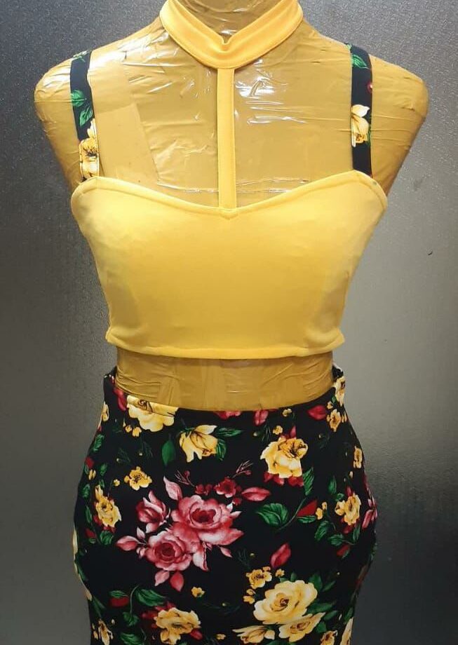 Yellow Halter Crop Top and Floral Skirt Set