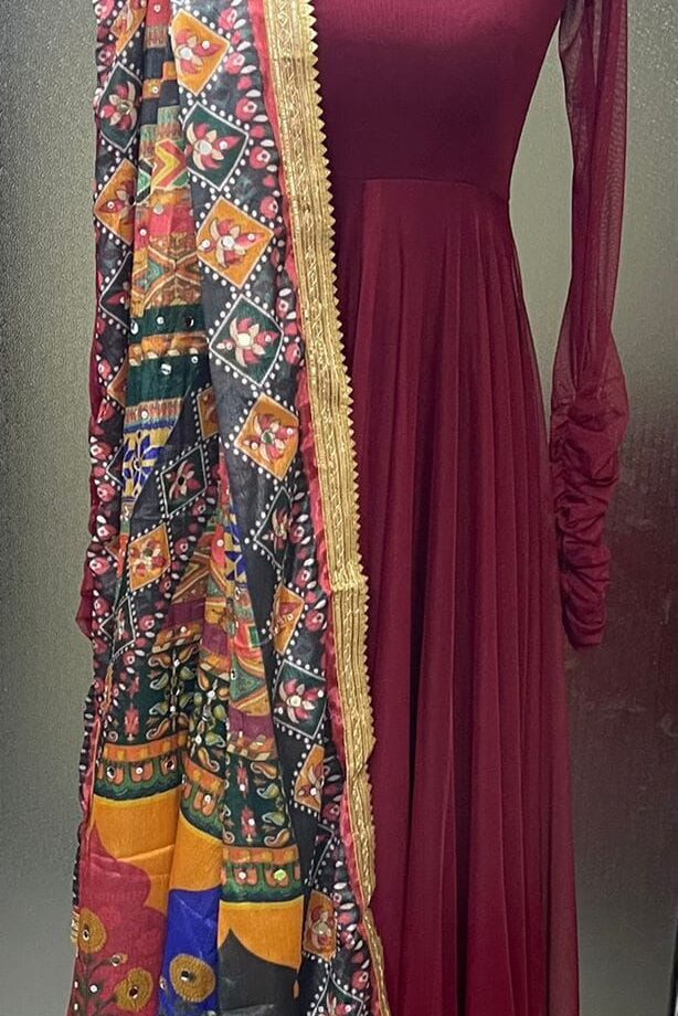 Maroon Ethnic Fusion Anarkali with Vibrant Dupatta
