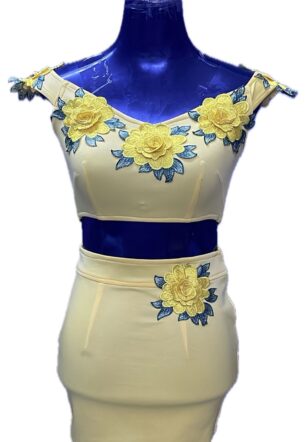 Skin sleeves less with flower patches Two piece short dress