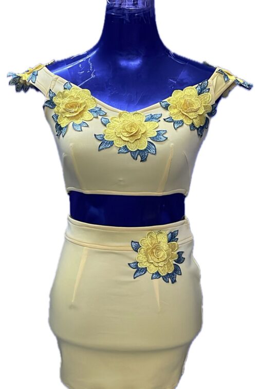 Skin sleeves less with flower patches Two piece short dress