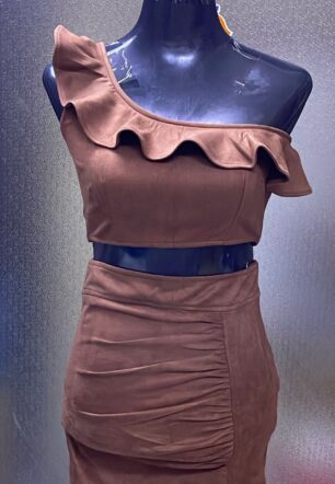 Leather sleeves less with frill Two piece short dress