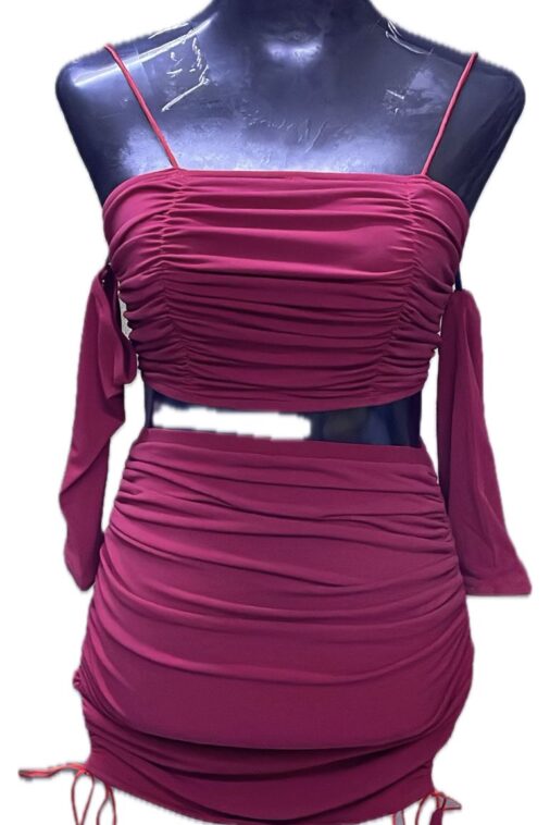 Wine full sleeves with frill Two piece short dress