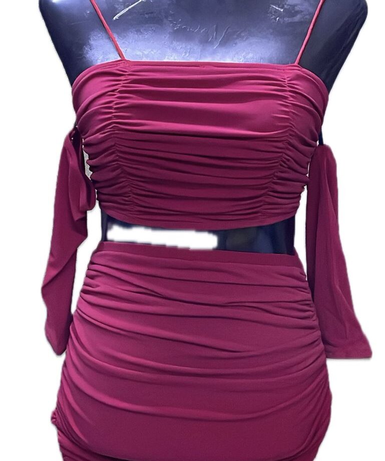 Wine full sleeves with frill Two piece short dress