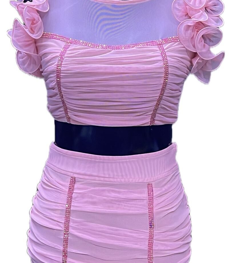 baby pink flower sleave Two piece short dress